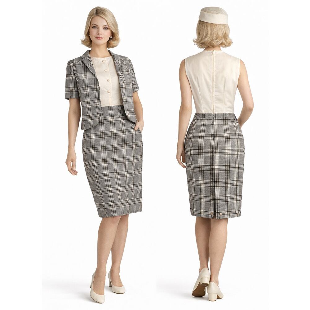 1960s Vintage California Girl Travel Uniform Set Plaid Dress Jacket S-M